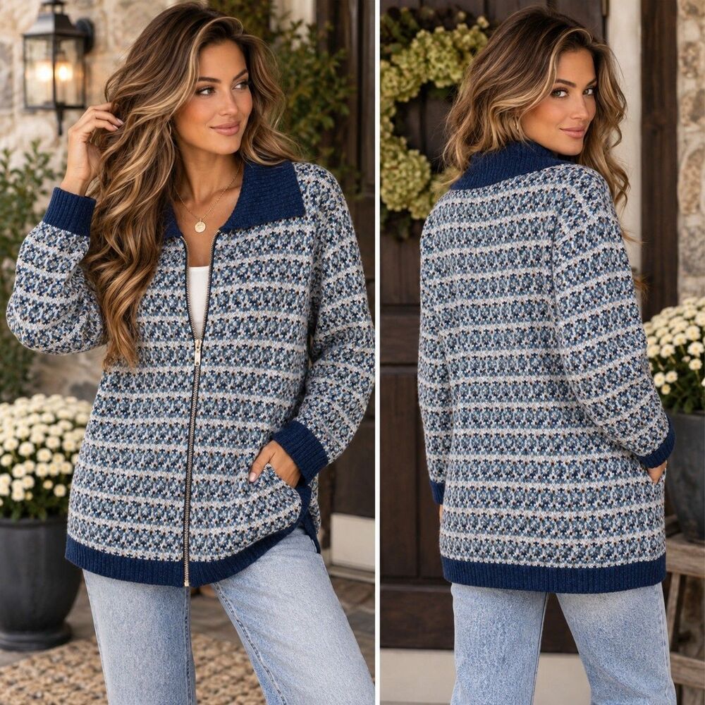 Y2K Fashion Bug Blue Fair Isle Zip Cardigan 22/24W Long Knit Heritage Sweater